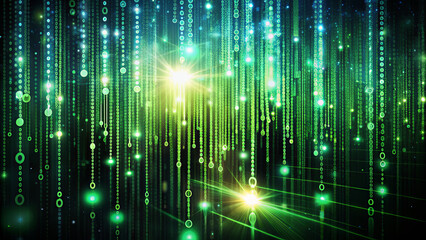 Fototapete - A visually striking display of green binary code creates a digital atmosphere. Glowing elements illuminate the scene, evoking a sense of technology and innovation