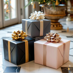 Poster - Front view of 3 gift boxes wrapped in creams, black, light pink, and white paper with gold bows stacked on the floor.