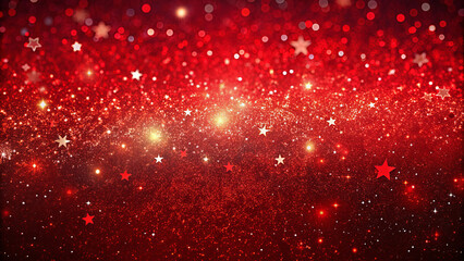 Poster - A vibrant background filled with shimmering red tones and scattered gold and white stars, perfect for creating a celebratory atmosphere during the holiday season