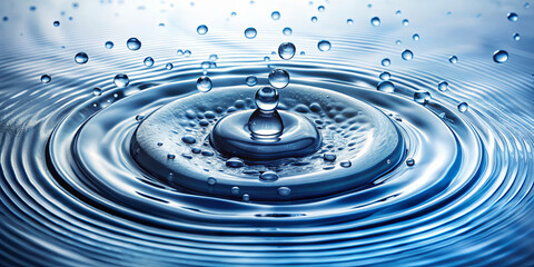 Poster - Droplets fall into the tranquil water, creating expanding ripples that reflect light beautifully. The scene captures the clear blue tones of a serene environment