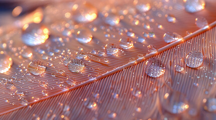 Wall Mural - Macro shot of fresh raindrops on a dark leaf against a backdrop of warm golden bokeh light