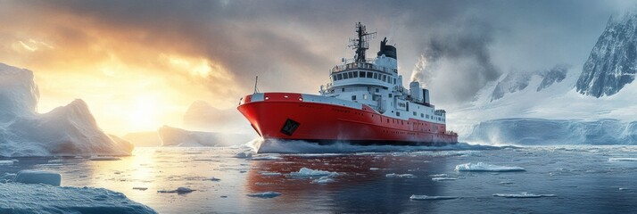 Aufkleber - A red icebreaker ship cuts through icy polar waters surrounded by towering glaciers, on a journey through the remote Arctic landscape. Generative AI