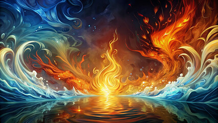 Poster - Dynamic waves of fire and water blend harmoniously at dusk, with vibrant colors illuminating the horizon. This striking contrast showcases nature's beauty in an extraordinary way