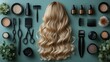 ©  Dreamy Shots - Haircare tools arranged around golden wavy hair on textured surface, professional salon equipment, hairdressing essentials, hairstyling concept, beauty and care products, elegant composition.