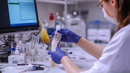 Poster - laboratory technician examines sample under controlled conditions in a research facility