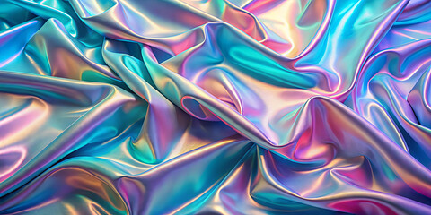 Poster - Vibrant fabric displays a stunning array of iridescent colors as it is draped in smooth, flowing folds. The texture creates an engaging visual experience with its shiny surface