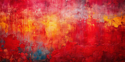 Poster - A striking blend of red, orange, and blue hues creates an abstract texture on a weathered backdrop. The vibrant colors evoke a sense of depth and movement across the surface