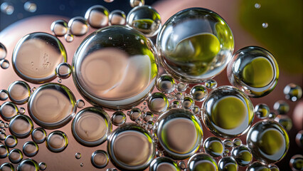 Poster - A close-up view reveals bubbles of different sizes formed by oil in water, showcasing a blend of colors and intricate reflections, highlighting physical properties and texture