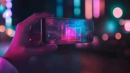 Poster - Vibrant smartphone display shows augmented reality in a city at night with colorful lights