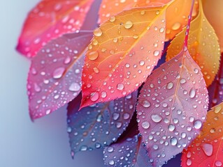 Poster - Colorful leaves, gradient background, colorful leaves with water droplets.