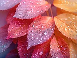 Poster - Colorful leaves, gradient background, colorful leaves with water droplets.