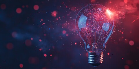 an exploding light bulb creates a burst of red and blue colors in a dark background, showcasing a vi