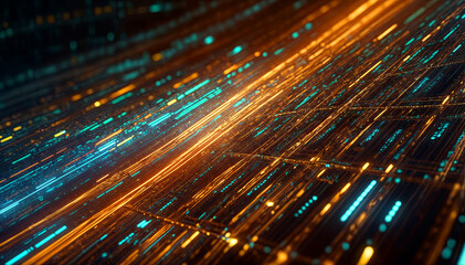 Fototapete - Vibrant lines in blue and orange create a dynamic abstract pattern, symbolizing data flow and technological advancement in a digital landscape