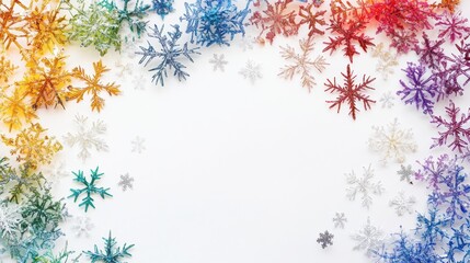 Leinwandbilder - Delicate snowflakes in various rainbow colors form a beautiful border, leaving room in the center for customization or messages. Generative AI