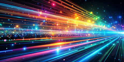 Poster - Brilliant beams of light in various colors radiate across a dark background, creating an energetic visual effect. This composition evokes a sense of movement and dynamism
