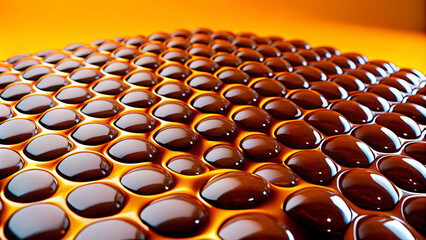 Poster - Close-up view of numerous glossy coffee droplets arranged on a smooth surface, reflecting light against a bright orange background. The droplets create a visually striking pattern