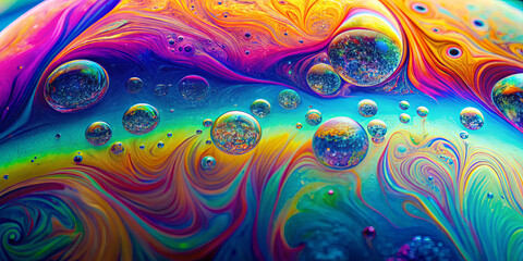 Poster - Vibrant colors blend together as soap bubbles float on a shiny surface, creating a mesmerizing and abstract display of swirling hues and reflections