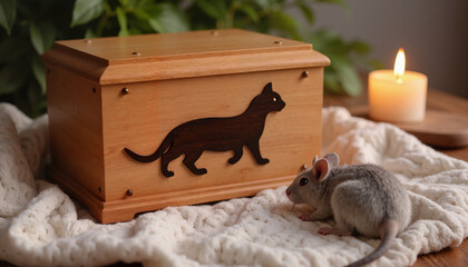 Wall Mural - Wooden cat memorial box with silhouette and candlelight