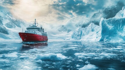 Aufkleber - A red icebreaker ship moves through icy waters, surrounded by towering glaciers and a dramatic sky, showcasing the beauty of polar exploration. Generative AI