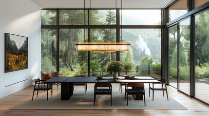 Poster - A contemporary dining room with large windows, a black wood table and chairs, a modern chandelier above the table.