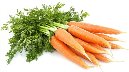 Fresh bunch of vibrant carrots with green leafy tops isolated on a clean white background ready for culinary use in various recipes