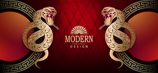 Wall Mural - Happy Chinese new year 2025, isolated snakes with glitter, Asian elements in red and gold.