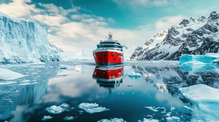 Aufkleber - Powerful red icebreaker moves through icy polar waters, navigating between towering glaciers and dramatic mountain landscapes. Generative AI