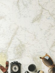 Poster - Travel essentials including a map, compass, small camera, and sunglasses arranged neatly, offering space for notes or plans. Generative AI