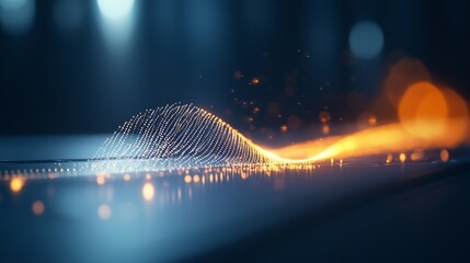Poster - A glowing, abstract wave composed of particles and light, set against a dark background, conveying a sense of motion and digital aesthetics.