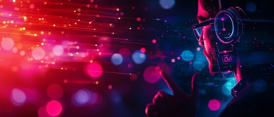 Poster - A futuristic figure in glasses surrounded by vibrant, colorful lights, representing technology and digital innovation.