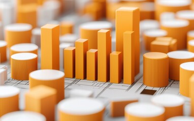 Poster - A colorful 3D bar chart features various heights of orange and white cylindrical shapes, representing data visualization and statistical analysis.