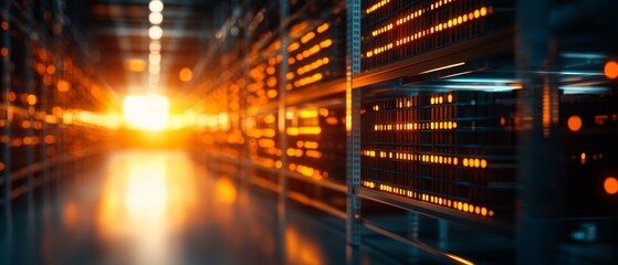 Poster - A dimly lit data center with glowing server racks, creating a futuristic and technological atmosphere.
