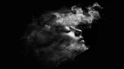 Abstract profile of a woman with swirling smoke blending into her face on a black background.