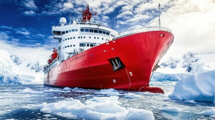 Aufkleber - A powerful red icebreaker ship navigates frozen polar waters, maneuvering expertly among massive glaciers under a bright sky. Generative AI