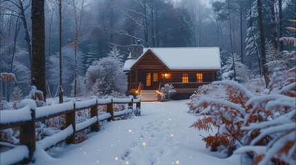 Poster - Beautiful nature, forest, cabin, snow, small snowflakes floating, snow, outdoor.