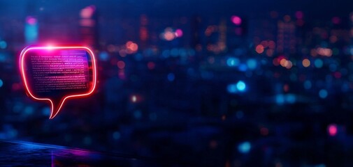 Fototapete - A glowing chat bubble against a blurred cityscape at night, featuring vibrant blue and purple tones, suggesting digital communication and modern technology.