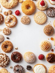 Aufkleber - A tempting selection of cookies and sweets arranged on a white background, leaving room for personalized messaging or branding. Generative AI