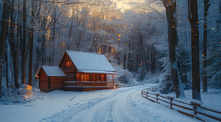 Poster - Beautiful nature, forest, cabin, snow, small snowflakes floating, snow, outdoor.