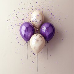 Poster - Beige background pale 3 balloons And confetti Colors matching purple.