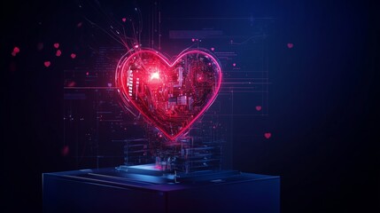 Poster - Digital heart made of technology and data shines bright against a dark background
