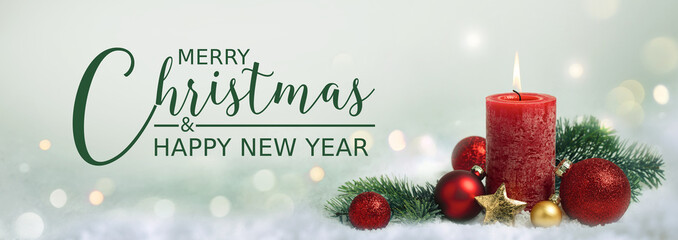 Wall Mural - christmas greeting card english text - merry christmas and happy new year - xmas decoration with red