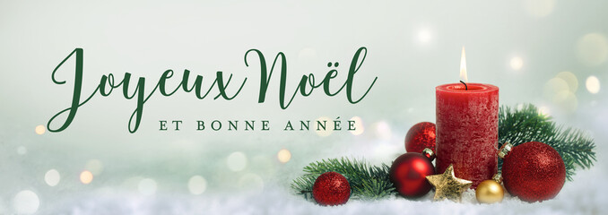 Wall Mural - christmas greeting card french text - merry christmas and happy new year - xmas decoration with red 