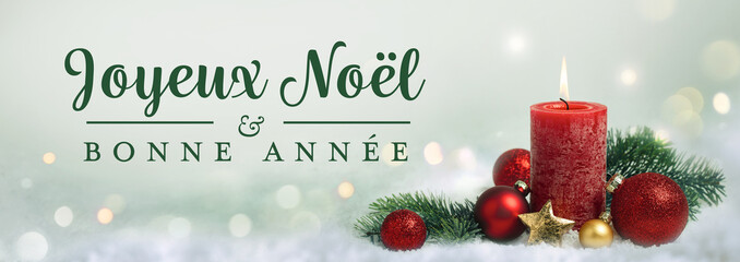 Wall Mural - christmas greeting card french text - merry christmas and happy new year - xmas decoration with red 