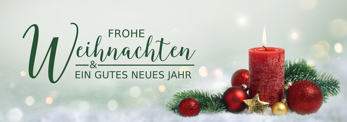 Wall Mural - christmas greeting card german text - merry christmas and happy new year - xmas decoration with red 