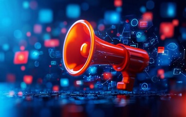 Poster - A vibrant digital illustration of a red megaphone surrounded by abstract data symbols, representing communication and information sharing.