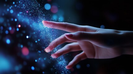 Poster - Hand reaching towards sparkling particles in a dark, colorful background at night