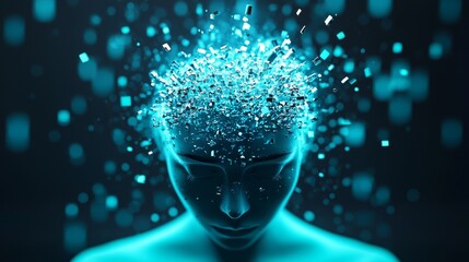 Poster - A futuristic depiction of a person with a glowing, fragmented head, symbolizing digital transformation and the merging of technology with human consciousness.