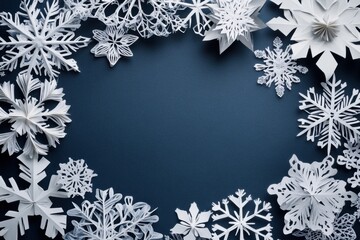 Aufkleber - Delicate paper snowflakes create a beautiful frame on a dark surface, offering a perfect blank area for festive messages or designs. Generative AI