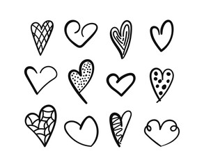Poster - Doodle Hearts in black color set. Hand drawn Love symbol with pattern inside. Happy Valentine Day decoration for greeting cards and banners.
