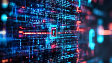 A digital representation of a keyhole surrounded by binary code and light trails.